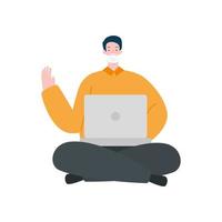 man using face mask with laptop isolated icon vector