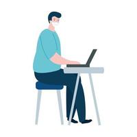 man using face mask with laptop isolated icon vector