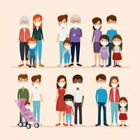 set scenes of families using face mask vector