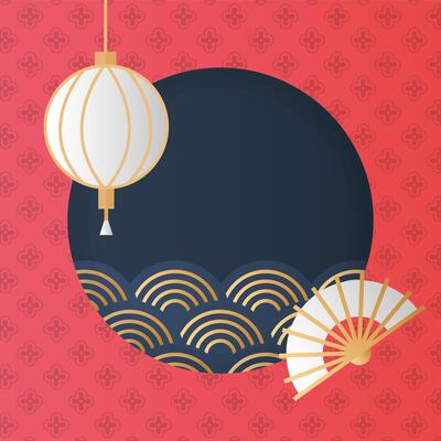 mid autumn festival with waves in circular frame and lanterns