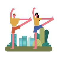 young couple practicing yoga in park vector