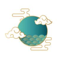 mid autumn festival with clouds and sea waves in circular frame vector