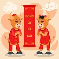 personajes de bueyes de oro saludando a gong xi fa cai vector