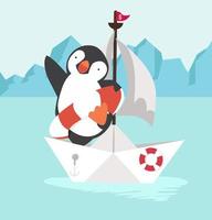 pingüino de dibujos animados en un barco de papel vector