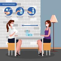 campaña de recomendaciones de covid 19 en oficina con mujeres e íconos de negocios vector
