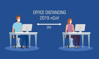 campaña de distanciamiento social en oficina para covid 19 con pareja de empresarios vector