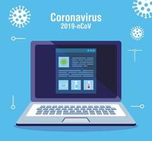 searching covid 19 information online in laptop computer vector