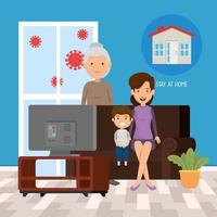 Campaña de quedarse en casa con la familia viendo la televisión. vector