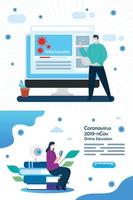 set scenes of education online for 2019 ncov with couple and icons vector