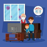 stay at home campaign with family watching tv vector