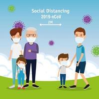 campaign of social distancing for 2019 ncov with families using face mask in landscape vector