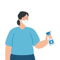 woman using face mask with bottle sanitizer vector