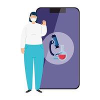 woman using face mask and smartphone with icons vector