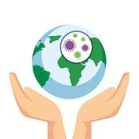 hands and planet earth with covid19 particles vector