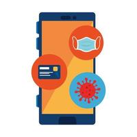 smartphone con partícula covid 19 e iconos vector