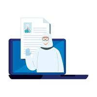 person with biohazard suit protection in laptop vector