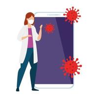 doctor female and smartphone with particles covid 19 vector