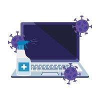 laptop with particles covid 19 and bottle sanitizer vector