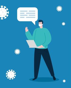 hombre usando mascarilla con laptop y partículas 2019 ncov vector