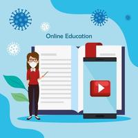 teacher female of education online using face mask and icons vector