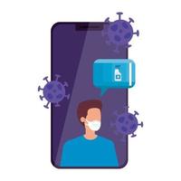 man using face mask in smartphone vector