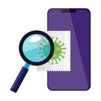 smartphone with magnifying glass and particle covid 19 vector