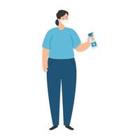 woman using face mask with bottle sanitizer vector