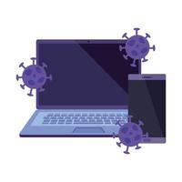 laptop and smartphone with particles covid 19 isolated icon vector