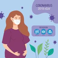 mujer embarazada con mascarilla con prevención 2019 ncov vector