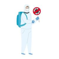 person with biohazard suit protection and label stop covid 19 vector