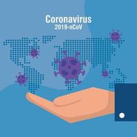 mano con partículas de 2019 ncov y mapa mundial vector