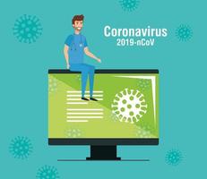 computadora con información de 2019 ncov y paramédico vector