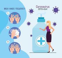 woman using face mask with antibacterial bottle and particles 2019 ncov vector