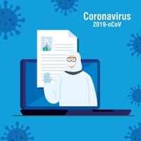 person with biohazard suit protection in laptop and particles 2019 ncov vector