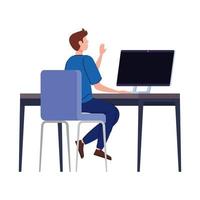 young man using desktop computer, sitting in chair with desk vector