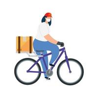 Entrega de mercancías durante la prevención del coronavirus, trabajadora de mensajería con mascarilla en bicicleta vector