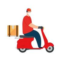 delivery of goods during the prevention of coronavirus, courier worker using face mask in motorcycle vector