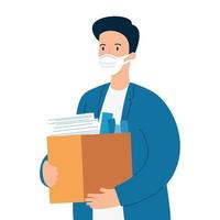 man unemployment concept, company worker holding stuff in box, from coronavirus crisis covid 19 vector