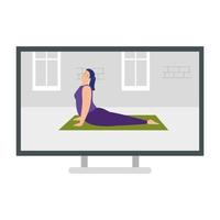 mujer estirando movimientos para flexionar los músculos rígidos y refrescar la mente en línea vector