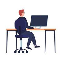young man using desktop computer, sitting in chair with desk vector