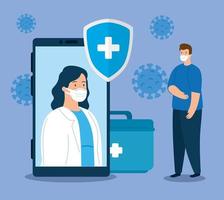 medicina en línea, doctora consulta al paciente en un teléfono inteligente en línea, pandemia de covid 19 vector