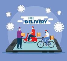 delivery of goods during the prevention of coronavirus, app smartphone with courier workers using face mask vector