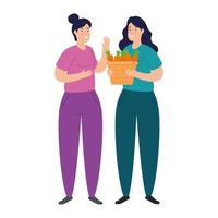 Las mujeres jóvenes y el canasto con zanahorias verduras sobre fondo blanco. vector