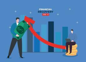 global financial recovery of market after covid 19, men with business statistic and icons vector