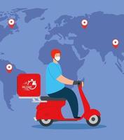 delivery of goods during the prevention of coronavirus, courier worker using face mask in motorcycle with world map vector