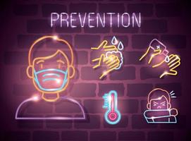 neon light symbol covid 19 coronavirus, prevention icons, dangerous pandemic coronavirus outbreak neon light glowing vector