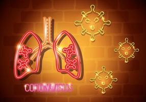 símbolo de luz de neón coronavirus covid 19, con pulmones, brote de coronavirus pandémico peligroso luz de neón brillante vector