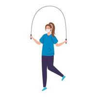 woman skipping rope using medical protective mask against covid 19 vector