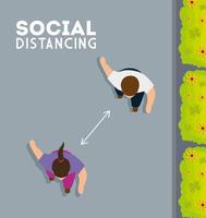 distanciamiento social, mantener distancia en la sociedad pública a las personas protegidas del covid 19, vista aérea de la pareja vector