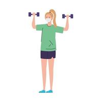 woman lifting weights using medical protective mask against covid 19 vector